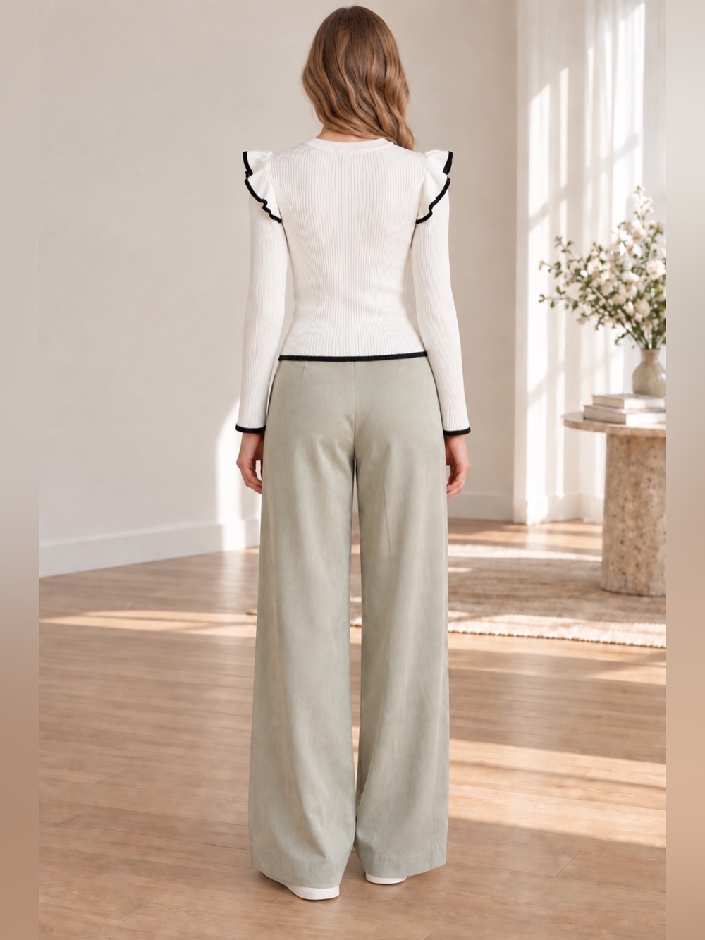 White Ruffle Trim Ribbed Top - Picture 2 of 4